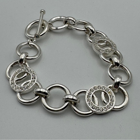Silver Toggle Bracelet 6.75” Circle Links with Rhinestones - Picture 1 of 5